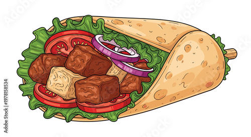 Appetizing taco or wrap filled with grilled beef cubes, fresh lettuce, red onion, and sliced tomatoes on white background.