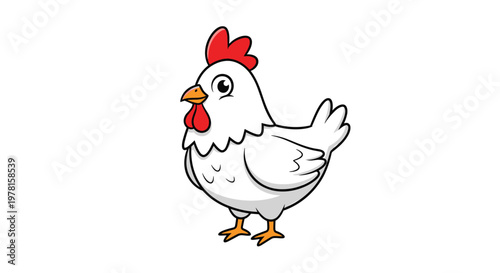 Adorable cartoon white chicken with red comb and yellow beak standing sideways on white background for farm animals.