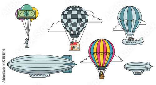 Collection of various air transportation including hot air balloons, blimps, and money floating with balloons on white background.