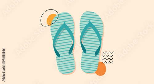 Pair of mint green flip flops with horizontal stripes and orange circles on a peach background for summer beach gear.