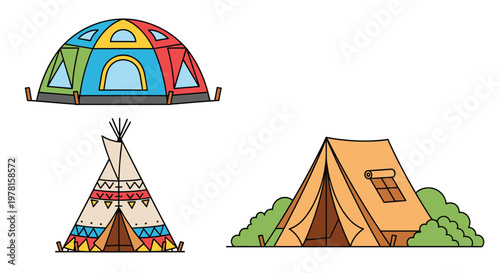 Set of various tent styles including a dome tent, a teepee, and a cabin tent for camping and outdoor adventure.