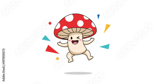 Joyful cartoon mushroom character with red polka dot cap dancing and winking surrounded by colorful confetti on white background.