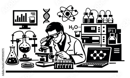 Scientist in a lab coat examining samples under a microscope, working with test tubes and scientific equipment for research and discovery