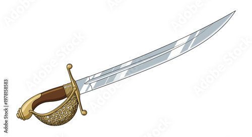Elegant curved saber with decorative golden basket hilt and silver blade on white background for historical or fantasy themes.