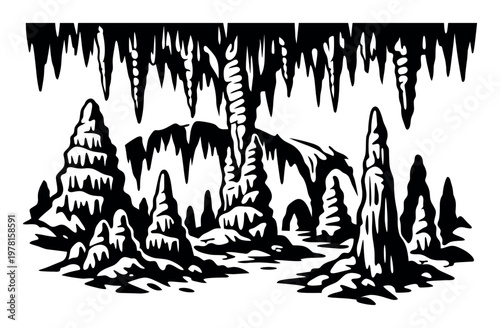 Cave interior featuring natural geological rock formations including various stalactites and stalagmites