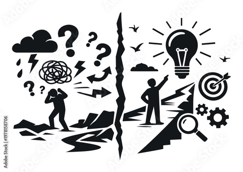 Person struggling with overwhelming problems, questions, and chaos, contrasted with a focused person finding solutions and ideas