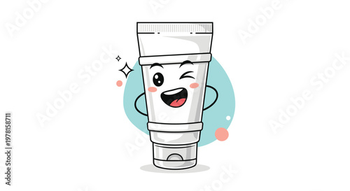 Personified white tube of cream or toothpaste with a winking face and happy expression is shown in a fun product illustration.