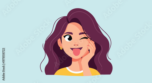 Young woman with long wavy purple hair is winking and sticking her tongue out in a playful and expressive cartoon portrait.
