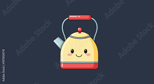 Cute yellow and red tea kettle character with a friendly smiling face is illustrated against a dark blue background.