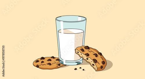 Tall glass of fresh milk stands next to two delicious chocolate chip cookies in a classic and comforting snack illustration.