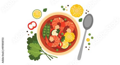Top view of a delicious shrimp soup bowl filled with corn, peas, and fresh herbs is presented with a spoon and ingredients.