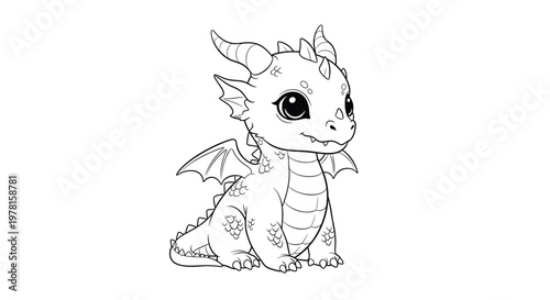 Cute baby dragon with small horns and tiny wings is sitting and looking forward in a detailed black and white line art drawing.