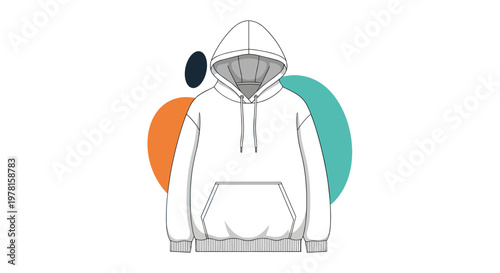 Technical flat sketch of a white oversized hoodie with a front kangaroo pocket and drawstrings on abstract background.