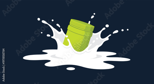 Green container lid or disk is falling into a pool of white liquid creating a large dynamic milk splash against a dark background.