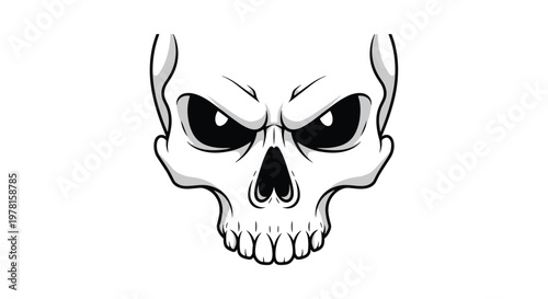 Stylized angry human skull with black hollow eyes and detailed jawbone illustrated in black and white on white background.