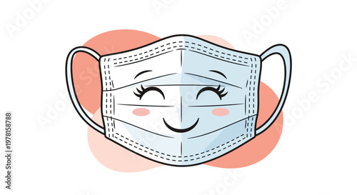 Adorable medical face mask character with a big smile and happy eyes represented in a cute vector illustration style.
