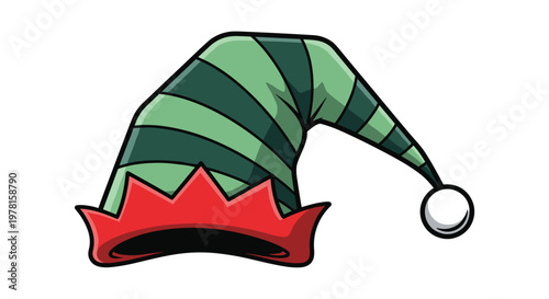 Christmas elf hat with green and dark green stripes featuring a red jagged brim and white pom-pom on white background.