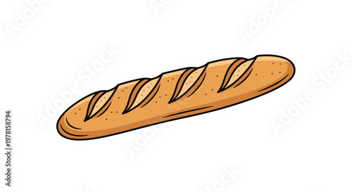 Traditional French baguette bread loaf with golden brown crust and score marks illustrated on a white background.