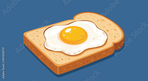 Classic breakfast of a fried egg sunny side up served on a single slice of toasted bread over a dark blue background.