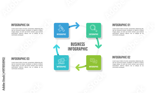 Circular and square business infographic illustration with 4 steps and arrows to show an overview of a cyclical process. Vector illustration.