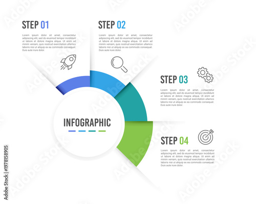 Professional semicircular infographic with a four part design for data analysis and financial success. Vector illustration.