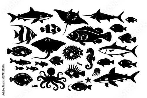Diverse marine life silhouettes, including sharks, rays, reef fish, and octopus, creating a comprehensive set of ocean icons