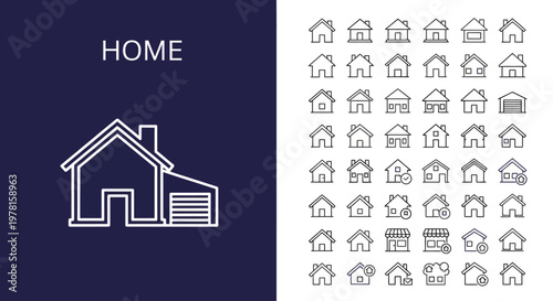 Collection of simplified outline house icons representing various residential property types for real estate and architectural design projects