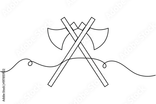 Crossed axe icon continuous one line drawing on white background minimalist laborer equipment symbol outline vector illustration