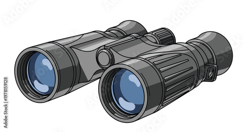 Detailed drawing of a pair of black and grey binoculars with blue glass lenses isolated on a plain white background.