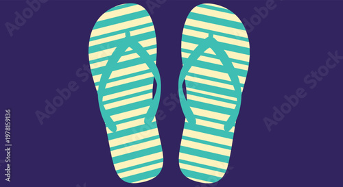 Pair of teal and cream striped flip flops are positioned vertically on a deep purple background, perfect for summer vacation themes.