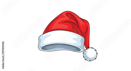 Classic red and white plush Santa hat with a fluffy pom-pom sits isolated on a white background, representing Christmas holiday spirit.