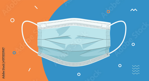Protective blue surgical face mask is displayed over a vibrant orange and blue abstract background with geometric shapes and patterns.