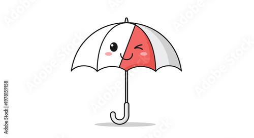 Winking white and red umbrella character with a happy face and a curved handle stands isolated against a clean white background.