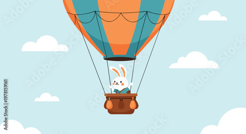 Cute white rabbit enjoys a flight in a colorful orange and teal hot air balloon among fluffy clouds in a bright blue sky.