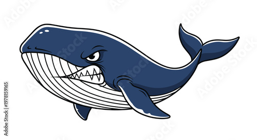 Fierce blue whale illustration shows a large marine animal with sharp teeth and an angry expression, suitable for mascots or logos.