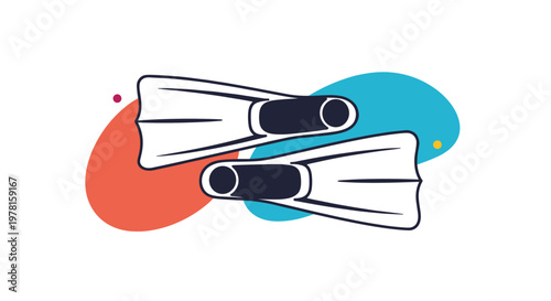 Pair of white diving flippers with dark blue accents placed over abstract colorful shapes on a clean white background.