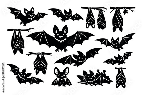 Cute bat characters in a set of black silhouettes, happy and friendly for graphic design elements and holiday themes