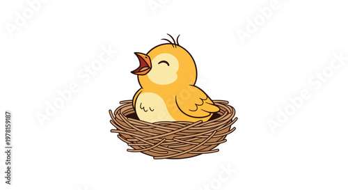 Little yellow bird sits inside its brown twig nest with its beak open wide as if chirping or singing a happy song on a white background.