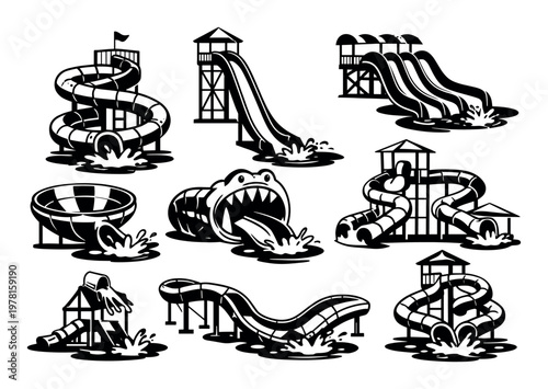 Water slides collection featuring different designs, including a tornado bowl, looping tubes, and a crocodile mouth