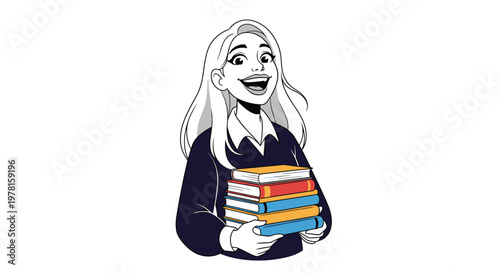 Excited student girl with long blonde hair holding a large stack of colorful books and smiling with great enthusiasm.