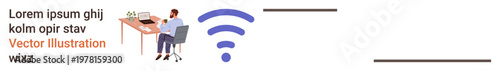 Remote work, digital connectivity, technology use, home office, internet access, online productivity. A person works on a laptop near a wireless symbol. Remote work and digital connectivity concept