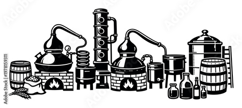 Alcohol distillery process with equipment producing beverages from grains, including traditional stills, fermentation tanks, and aging barrels