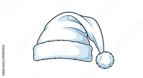Simple illustration of a soft white winter hat with a pom-pom similar to a Santa Claus cap on a plain white background.