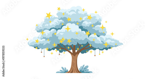 Magical tree with fluffy cloud foliage and glowing yellow stars against a white background creating a dreamlike fantasy atmosphere.