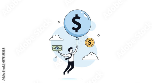 Successful businessman floating in the air with a large blue dollar sign balloon while holding a green banknote in his hand.