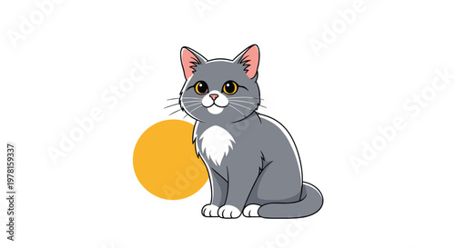 Adorable grey and white cat sitting patiently beside a large solid yellow circle on a clean white background for minimalist design.