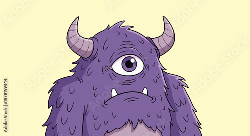 Grumpy purple one-eyed monster with large horns and sharp fangs standing against a soft yellow background for kids illustration.
