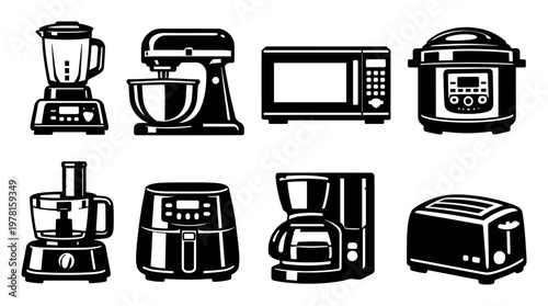 Assortment of modern kitchen appliances rendered as bold black and white icons, useful for web elements and graphic design