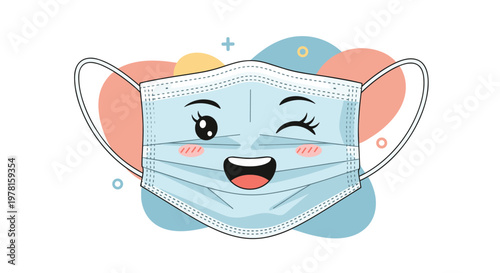Cute light blue medical face mask with a winking happy face and rosy cheeks set against a colorful abstract background.
