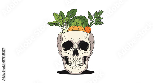 Human skull with a variety of fresh organic vegetables including pumpkin carrots and leafy greens growing out of its top.